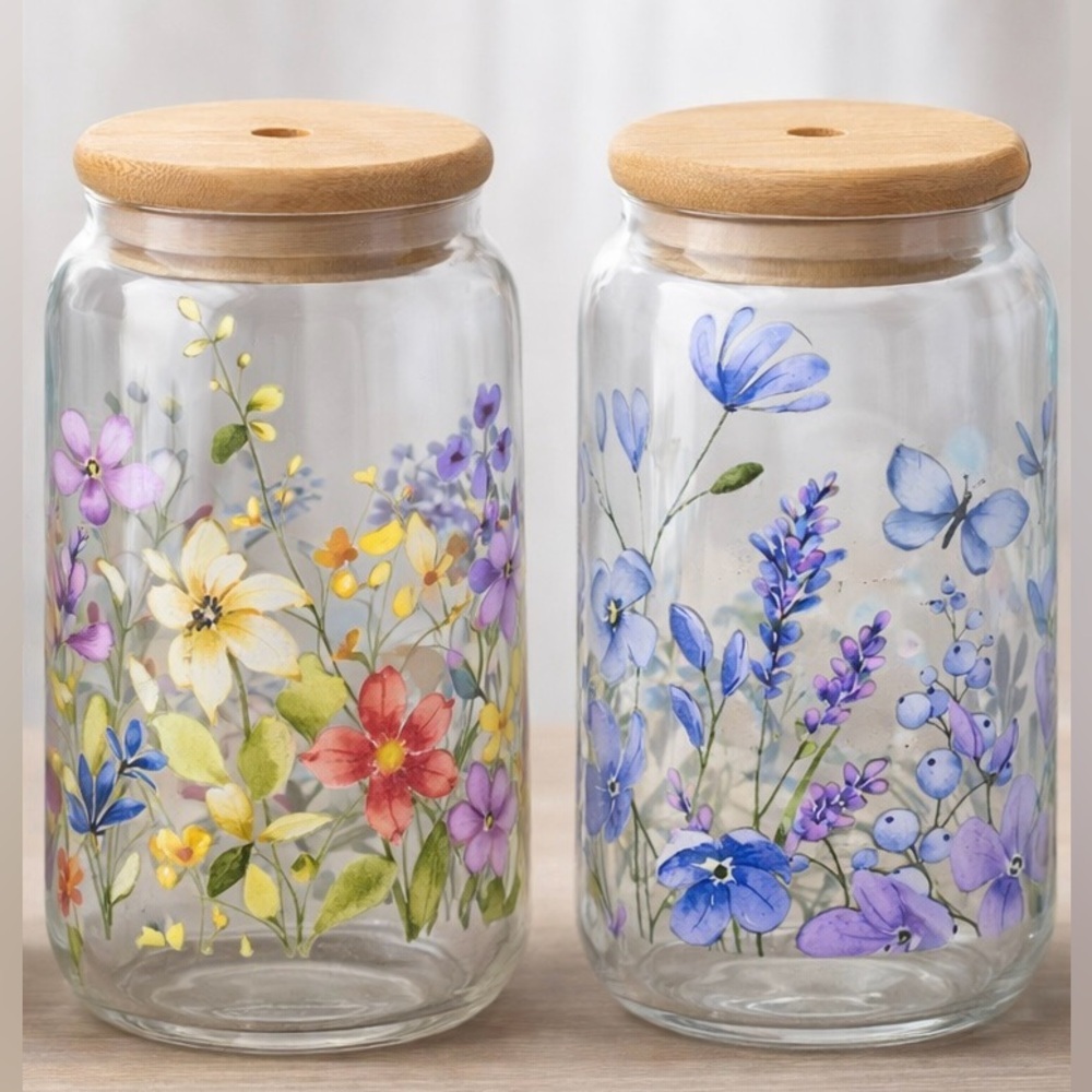 Floral Glass cups with Bamboo Lids set of 2